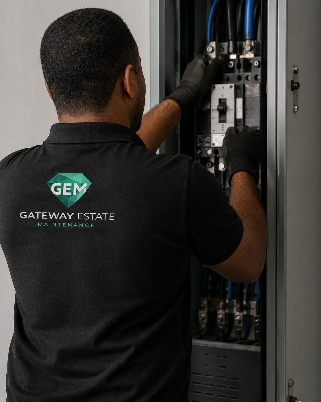 GEM electrician working inside a distribution board during an electrical inspection
