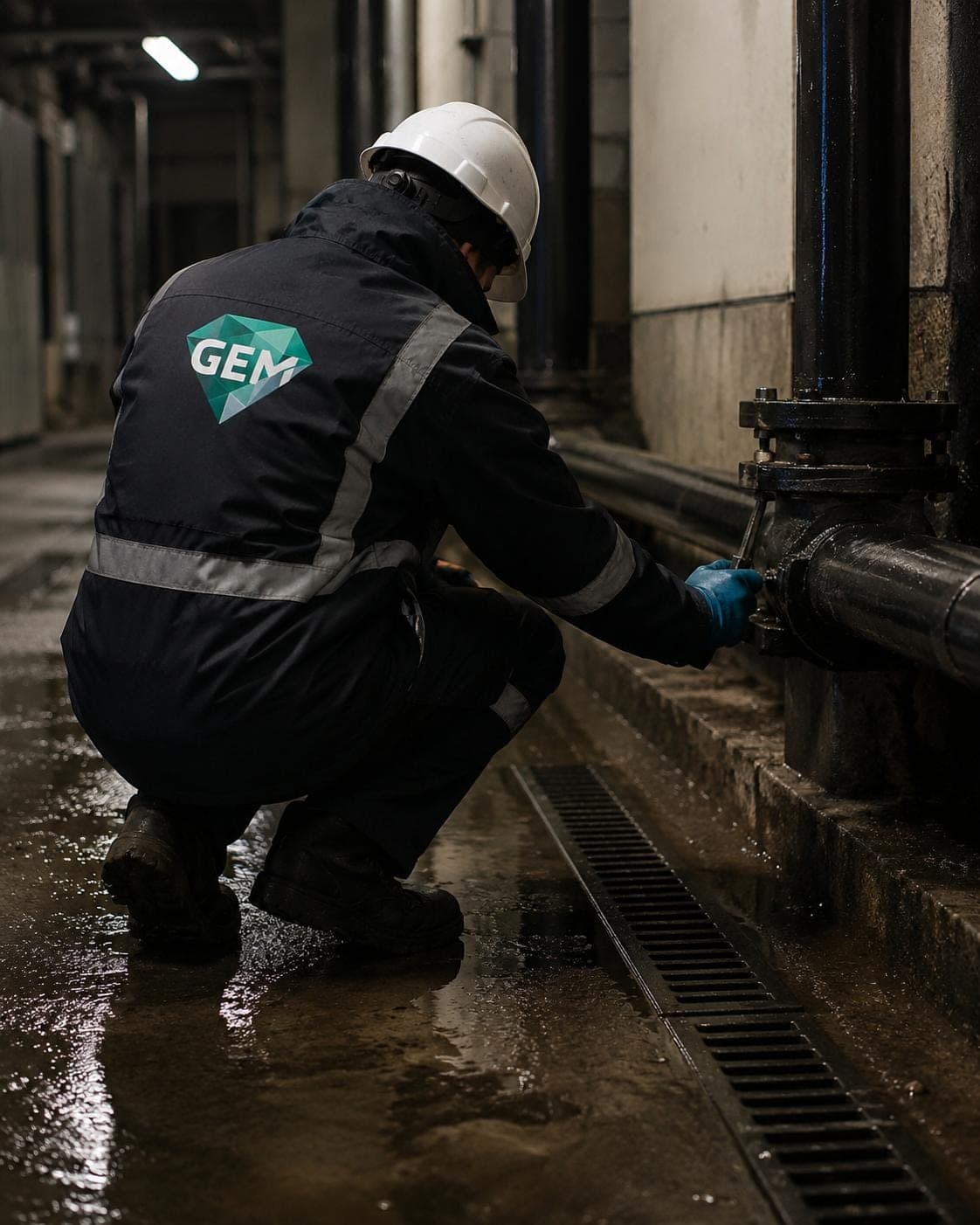 GEM engineer in a hard hat closing a valve on a pipe in a wet plant room