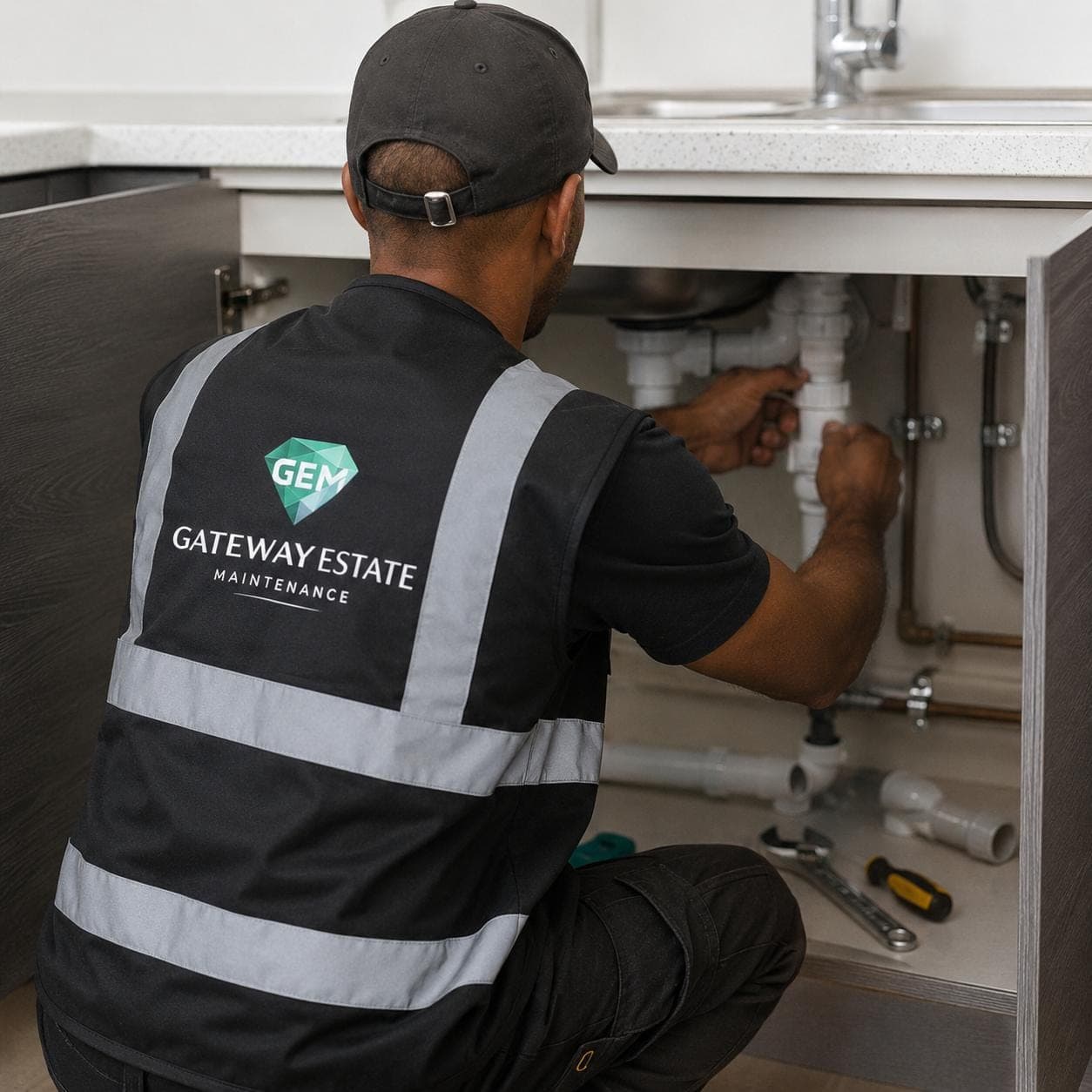 GEM plumber in hi-vis working on the waste pipework under a kitchen sink